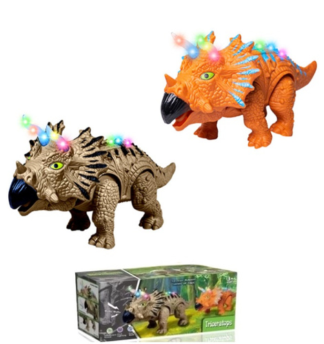 DINOZAUR ELEKTRYCZNY, CHODZĄCY TRICERATOPS ZE ŚWIATŁEM I DŹWIĘKIEM, pak 72/36 
dwa warianty kolorystyczne, świecący grzbiet i ogon + dźwięk, 
wymagane baterie 3 AA (nie zawarte w zestawie) 
wymiary produktu: 24 x 10,6 x 10,2 cm
wymiary dinozaura: 24,6 x 1