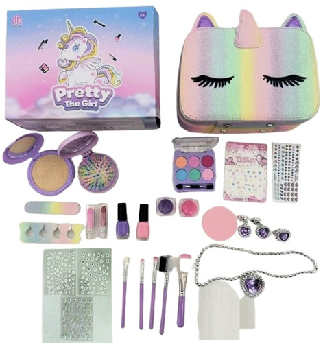 MALOWIDŁA W TOREBCE MATERIAŁOWEJ BŁYSZCZĄCEJ Z JEDNOROŻCEM, pak 36 
zestaw dziecięcy do stylizacji. w zestawie kolekcja kosmetyków do make up i manicure, pędzelki, naklejki na paznokcie, wisiorek i kolczyki. 
wymiary pudełka: 21 x 16 x 8,5 cm