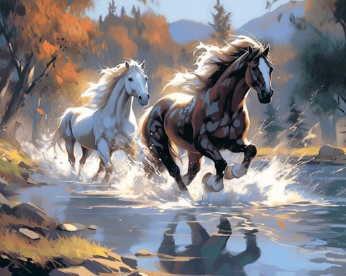 Diamentowa Mozaika Dwa Konie Galopujące W Rzece Haft Kreatywny 30X40 cm