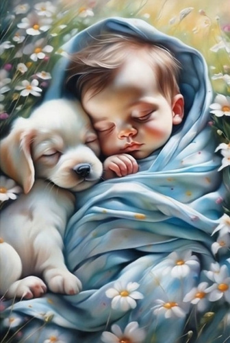 Malowanie Po Numerach Śpiące Dziecko z Psem 50X40 Cm Na Ramie Kreatywne