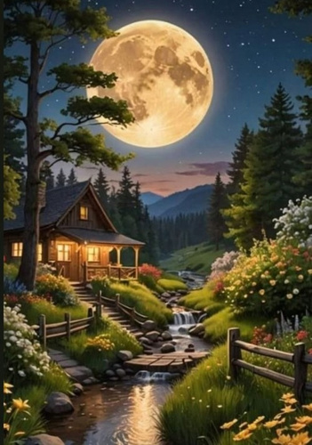 Diamentowa Mozaika Księżyc Nocą Nad Górską Chatką 30x40Cm Kreatywne