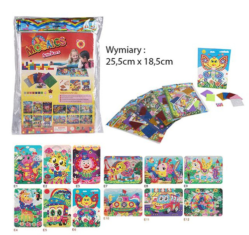 MOZAIKA WYKLEJANKA + DIAMENCIKI MIX OBRAZKÓW *12 CENA ZA KOMPLET
zawrtość sztuki : kolorowy szablon z rysunkiem, 4 kompl. naklejek brokatowych ,1 pastelowa+  diamentowe kwiatki, diamentowe okręgi. Wzory :paw, auto,łódż podwodna,pegaz,rybka,słoń cyrkowy,, 