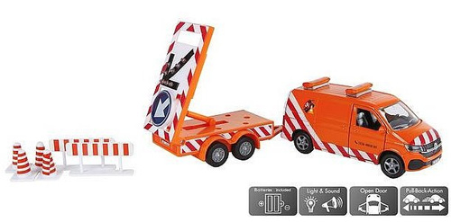 AUTO METAL POMOC DROGOWA BUS VW Z NACZEPĄ Z ELEMENTAMI ŚWIETLNYMI. AUTO TYPU PULL BACK Z OTWIERANYMI DRZWIAMI.
