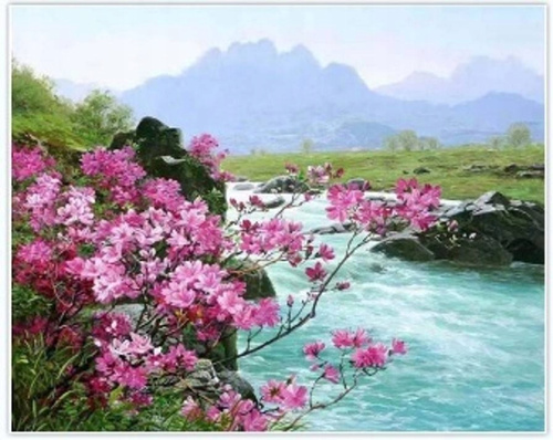 Diamentowa Mozaika Górski Potok Różowe Krzewy 30x40 Cm Kreatywne Diamenty