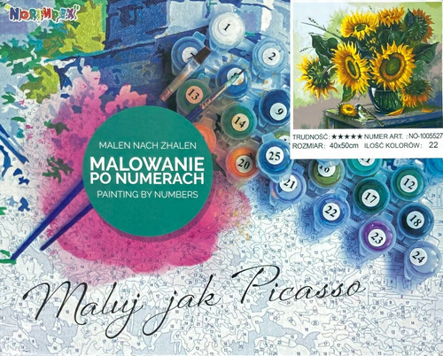 Malowanie Po Numerach Bukiet Słoneczników I Wróblek Na Stoliku 50X40 Z Ramą