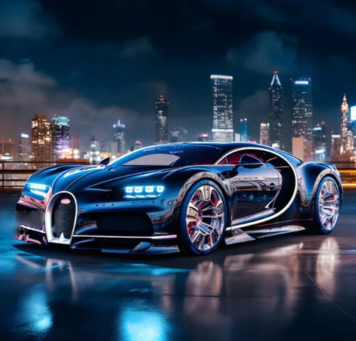 Diamentowa Mozaika Czarne Bugatti Chiron Na Tle Panoramy Miasta 30x40 Cm