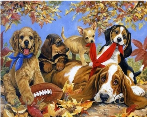 Diamentowa Mozaika Psy Bawiące Się Piłką Jesień Liście 80x40 Cm
