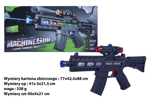 KARABIN MACHINE B/O Z KOLOROWYMI SWIATŁAMI KARTON 60/30
Wymiary kartonu zbiorczego : 77x42,5x88 cm / Wymiary op : 41x 5x21,5 cm / waga : 338 g / Wymiary szt 40x4x21 cm