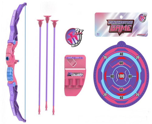 ŁUK Z TARCZĄ RÓŻOWO-FIOLETOWY, pak 72 
wymiary tarczy: 18 cm 
wymiary łuku: 57 cm 
wymiary strzał: 43,5 cm 
wymiary kołczanu: 15,5 cm
wymiary opakowania: 58 x 4 x 20 cm