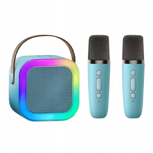 Głośnik Karaoke 2 Mikrofony Bluetooth USB Karta Niebieski Światła LED