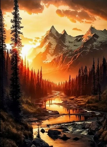 Malowanie Po Numerach Górska Rzeka O Zachodzie Słońca 40X50 Cm Na Ramie