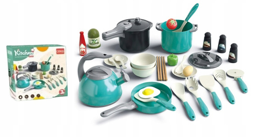 Zestaw Kuchenny Dla Dzieci 32 Elementy Garnki, Czajnik, Patelnia, Jedzenie