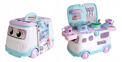 Jeździk Auto Van Mini Kuchnia Garnki Akcesoria Zabawka 3 w 1