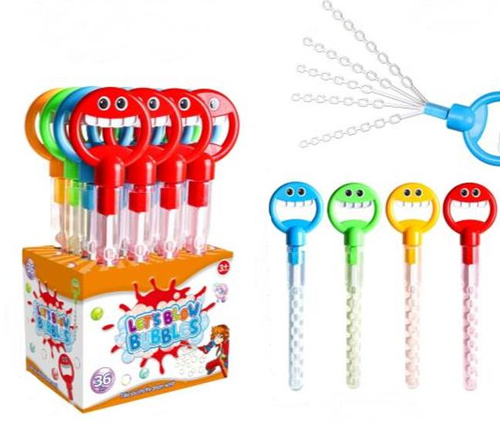 BAŃKI PAŁKA UŚMIECH ROZKŁADANA, pak 72,  
pałki do puszczania baniek z uśmiechniętą miną, po naciśnięciu zębów patyczek do baniek rozkłada się na kilka części, różne kolory,  
display 36 sztuk
wymiary pałki: 44 x 10,5 x 4 cm 
wymiary display: 20 x 46 x 25