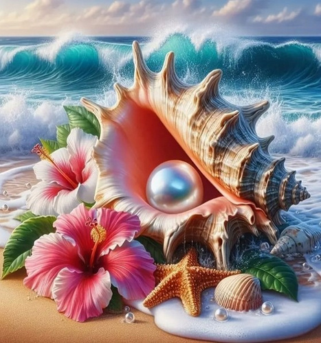 Diamentowa Mozaika Haft Kreatywny Muszla Perła Kwiaty Na Wybrzeżu 30x40 Cm