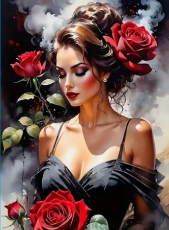 Diamentowa Mozaika Portret Kobiety Z Różami 30x40Cm Kreatywne Diamenty