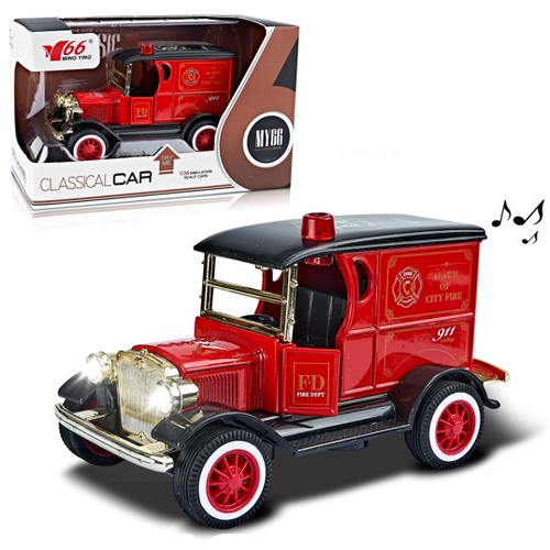 AUTO RETRO CLASSIC STRAŻ POŻARNA AUSTIN 1927, pak 168/84, 
sztuka auta zapakowana w kartonik, mechanizm push"n"go
klasyczny samochód z kogutem straży pożarnej
wymiary: 15 x 7,5 x 9,5 cm