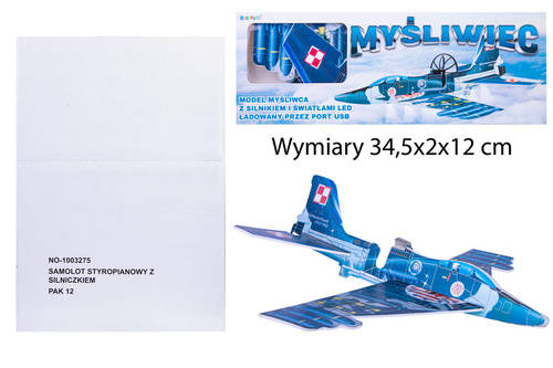 SAMOLOT STYROPIANOWY Z SILNICZKIEM ZE ŚWIATŁAMI LED PAK 200
Wymiary 34,5x2x12 cm
ns19-373