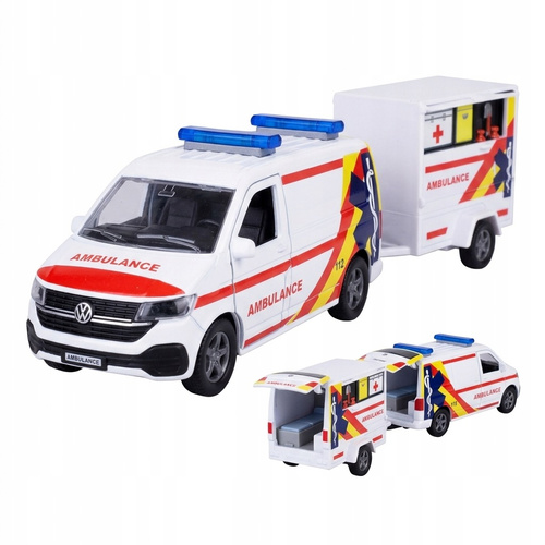 Karetka Ambulans Metalowy z Przyczepą Napęd Pull Back Otwierane Drzwi Auto