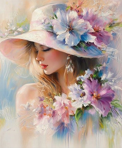 Diamentowa Mozaika Kobieta W Kapeluszu Z Kwiatami 30x40 Cm Kreatywne