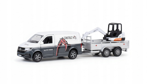 Auto metalowe Bus Z Przyczepą Koparką Białe Z Mechanizmem Pull-Back