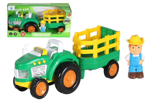 TRAKTOR Z FARMEREM I PRZYCZEPKĄ , PAK-48
wymiary traktor z przyczepą: 33 x 13 x 10 cm, opakowanie: 34 x 11,5 x 14,5 cm,
światło, 3 dżweki, załaczame przyciskami na kabinia. Zasilanie baterie AG13*3 (Załaczone)