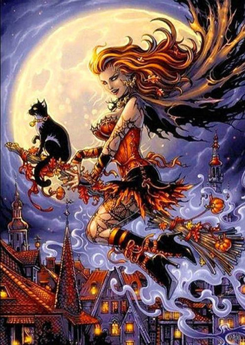 DIAMENTOWY MOZAIKA MANDALA HAFT WIEDŹMA KOT 30X40