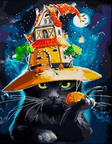 Diamentowa Mozaika Kot W Kapeluszu Halloween Haft Kreatywny 30x40 Cm