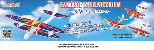 SAMOLOT STYROPIANOWY Z SILINICZKIEM ŁADOWANIE USB KARTON /192/12
Wymiary produktu 28x29x5 cm ; Wymiary op 31x8,5x2,5 cm; Waga displaya 0,876 kg szt 0,057 kg