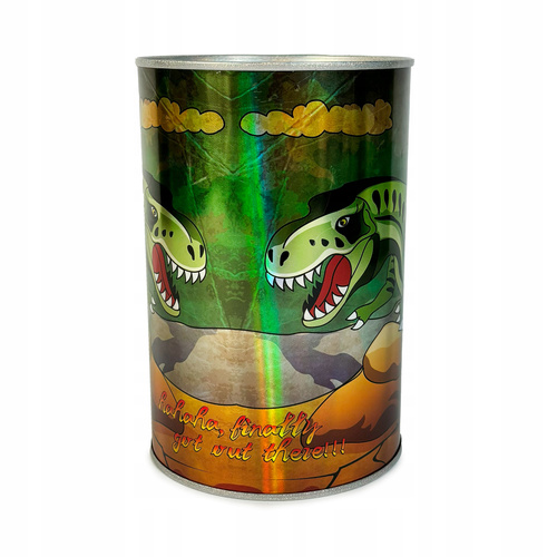 SKARBONKA Z RYSUNKAMI DINOZAURÓW METALOWA BŁYSZCZĄCA