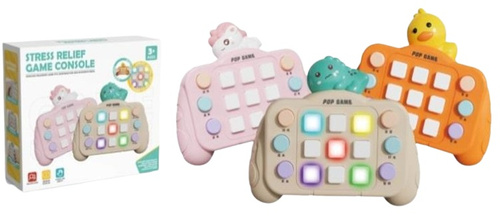 GRA POP IT KWADRATOWE GUZIKI JEDNOROŻEC DINOZAUR KACZKA, pak 120/60, 
gra na refleks szybkie wciskanie guzików, 
9 kwadratowych i 6 okrągłych guzików, 
trzy wzory: kaczka, dinozaur, jednorożec
wymiary opakowania: 12 x 4,5 x 14 cm
