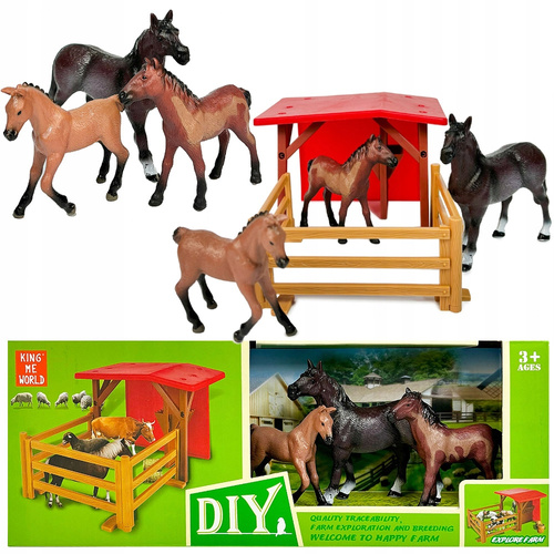 Zwierzęta Domowe Wiejskie Farma Figurki 3 Konie + Wiata Ogrodzenie