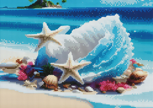 Diamentowa Mozaika Haft Kreatywny Muszla Z Fal Na Rajskiej Wyspie 30x40 Cm