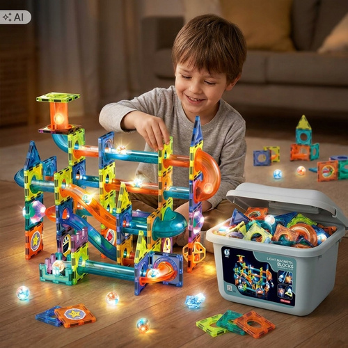 Klocki Magnetyczne Świecące 110 el Tor Kulkowy Kulodrom LED w Skrzynce