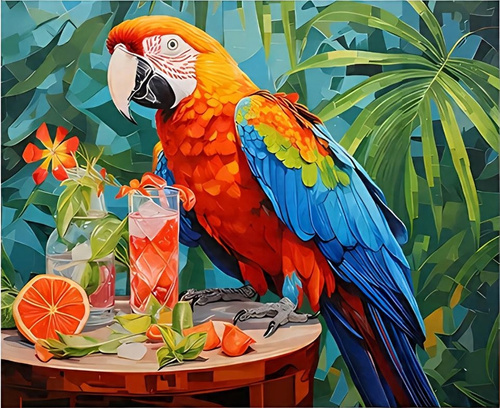 Malowanie Po Numerach Papuga Ara Na Stole Z Napojami Drinkami 50X40 Z Ramą