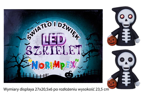 BRELOK HALOWEEN ŚWIATŁO/ DŹW. *24 BOX  480/240
Wymiary displaya 27x20,5x6 po rozłożeniu wysokość 23,5 cm
Wymiary 4,5x3x5 cm
Waga displaya 0,555 kg, szt 0,015 kg