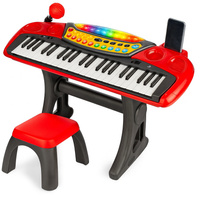 Keyboard Pianinko Czerwone Z Mikrofonem Posiada 37 Klawiszy Z Siedziskiem
