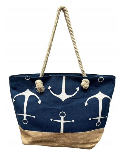 TORBA PLAŻOWA/MIEJSKA KOTWICE CIEMNA, pak 240,
różne wzory z morskim motywem, kotwice na ciemnym tle, uchwyty ze sznurków
wymiary 56 x 16 x 36 cm