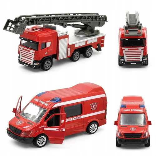 Straż Pożarna 2 Auta Metalowe Wóz Strażacki z Drabiną Van Otwierane Drzwi
