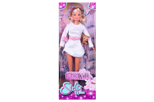 LALKA STEFFI Z PIESKIEM CIHUAHUS W FUTRZANEJ SUKIENCE KARTON