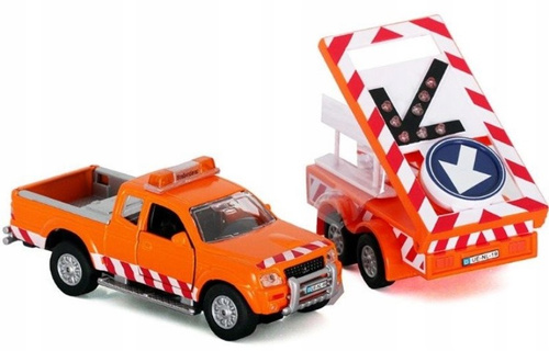 Auto Metalowe Służba Drogowa Pick-up z Przyczepą i Znakami Ostrzegawczymi