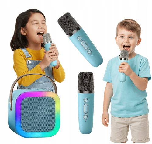 Głośnik Karaoke 2 Mikrofony Bluetooth USB Karta Niebieski Światła LED