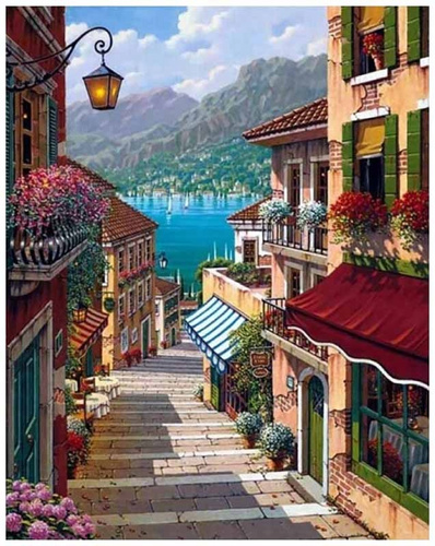 Diamentowa Mozaika Bajeczna Uliczka Z Widokiem Na Morze 30x40Cm Kreatywne