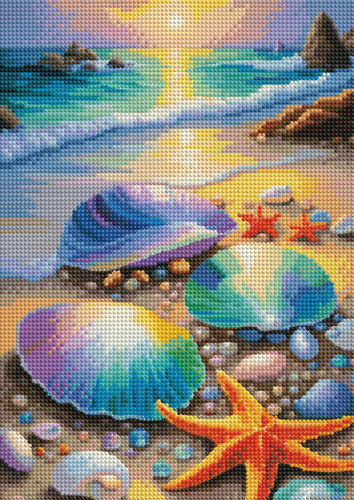 Diamentowa Mozaika Haft Kolorowe Muszle Z Rozgwiazdą Na Plaży 30x40 Cm