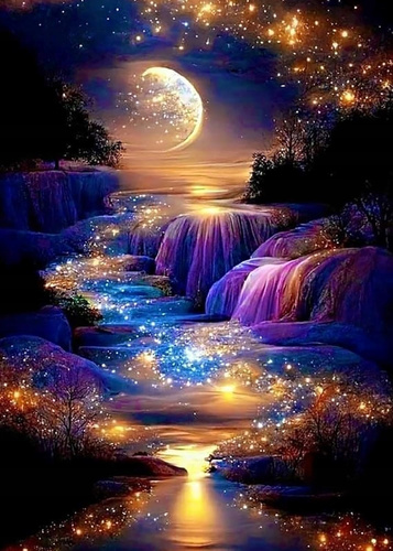 Diamentowa Mozaika Księżyc Złoty Pejzaż 30X40 Cm Kreatywne Diamenty