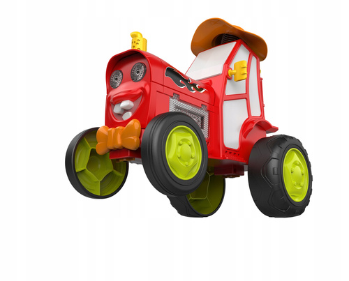 Czerwony Traktor Sterowany Pilotem Z Uśmiechem Oraz Czapką Farmera