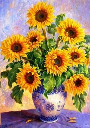 Diamentowa Mozaika Słoneczniki W Niebieskim Wazonie 30x40Cm Kreatywne