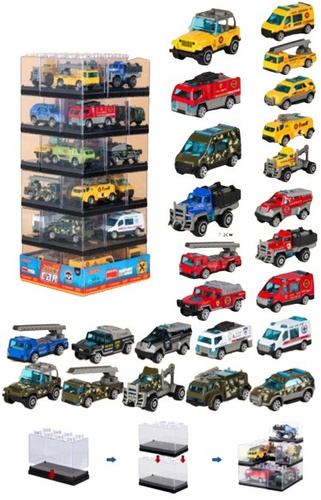 AUTO W KLOCKU NA STANDZIE 24 SZTUKI SŁUŻBY, pak 20/10 
różne rodzaje samochodzików zamkniętych w klocku, 24 sztuki na standzie, 
w zestawie kilka wzorów służb miejskich- policja, straż pożarna, ambulansy, pomoc drogowa. 
wymiary przykładowego autka: 3 x 7
