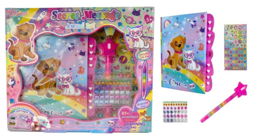 PAMIĘTNIK SEKRETNY Z NIEWIDZIALNYM TUSZEM PIESEK I KOTEK, pak 24,
w zestawie: notes 200 stron zamykany na tajny kod, 1 specjalny długopis z niewidzialnym tuszem i latareczką, 1 zestaw naklejek, 1 zestaw diamentów.
Wymiary pamiętnika : 13,5 x 15 x cm,
W