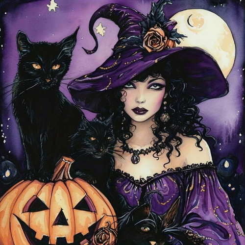 Diamentowa Mozaika Wiedźma Z Czarnym Kotem I Dynia Noc Halloween 30x40 Cm